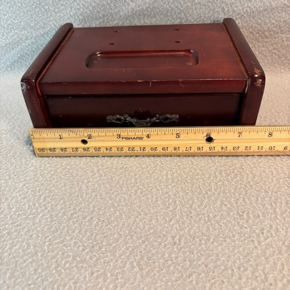 Vtg. Wooden Jewelry Box with Velvet-Lined Single Drawer with Decorative Handle